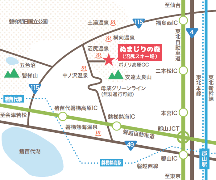 アクセスマップ：福島県猪苗代町ワイルドBBQ＆アクティビティパーク「ぬまじりの森」
